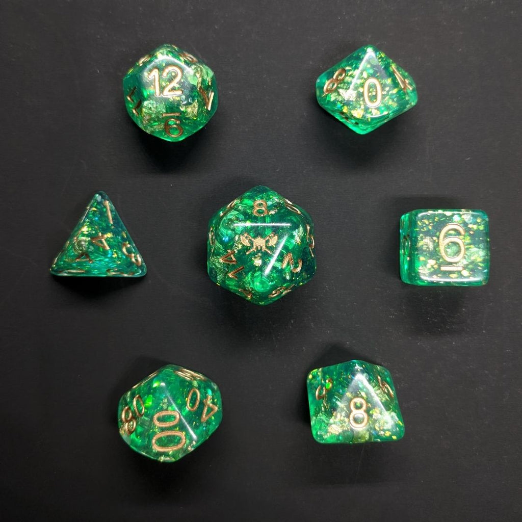 Fey Lord's Boon™️ - Green with Foil Inclusions and Gold Numbers Dice Set