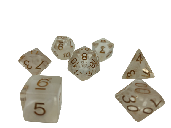 Mist Walker - Clear with white Swirl with Gold Numbering Polyhedral Dice Set