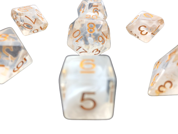 Mist Walker - Clear with white Swirl with Gold Numbering Polyhedral Dice Set