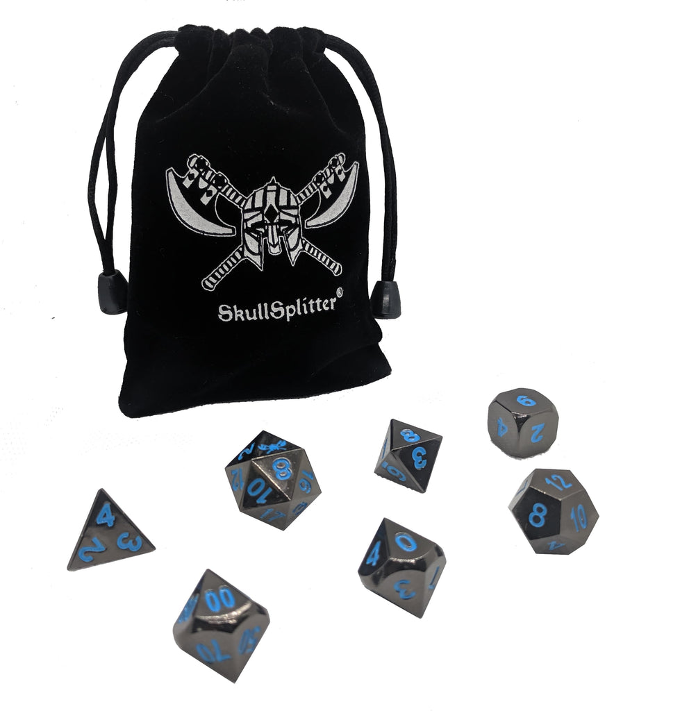 Icy Doom | Shiny Black Nickel Finish with Blue Numbering Metal Dice Set (7 Die in Pack) with Velvet Bag