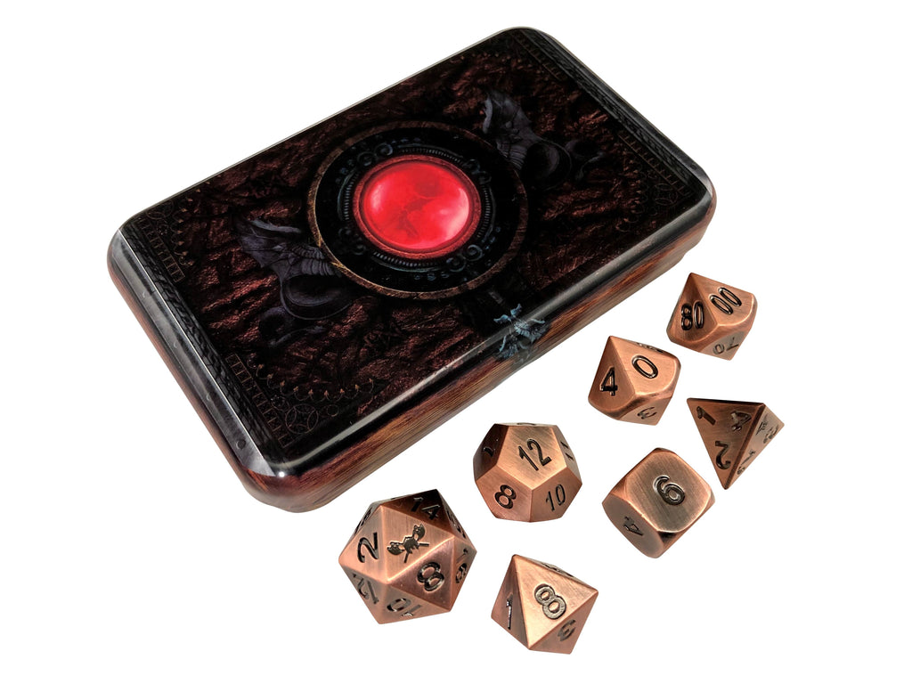 Metal Dice - Warlock Tome With Antique Brass  Color With Black Numbers Metal Dice