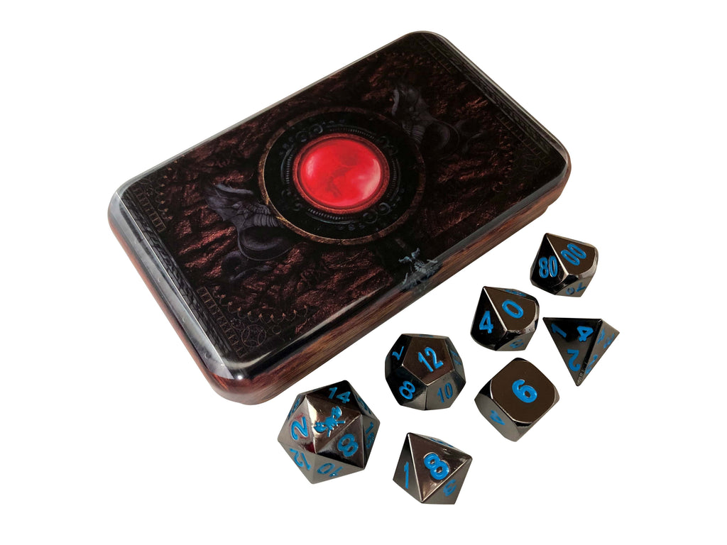 Metal Dice - Warlock Tome With Icy Doom | Shiny Black Nickel With Blue Numbers Metal Dice