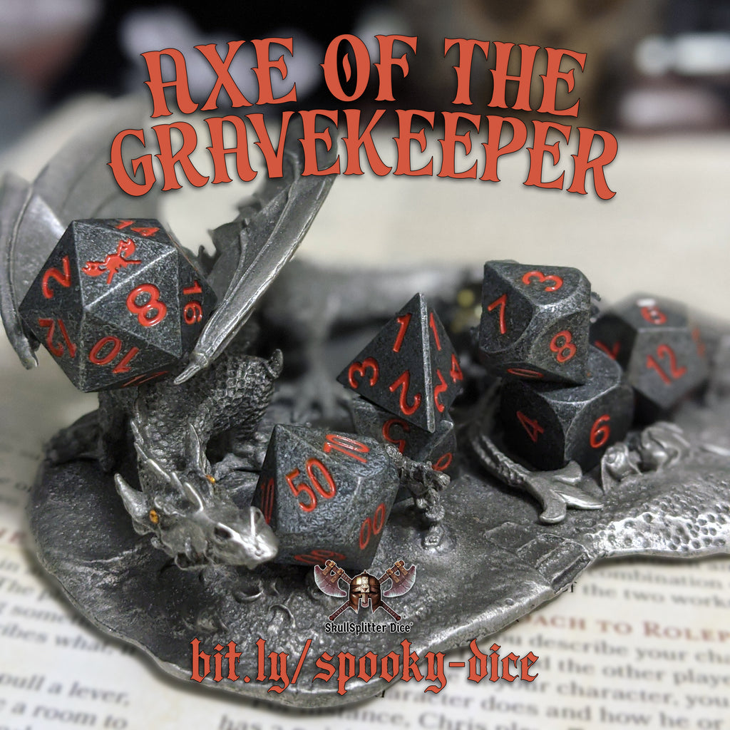 Axe of the Gravekeeper™️ - Industrial Metal with Dark Orange Color Numbers Metal Dice - 7 Piece Set with Velvet Dice Bag